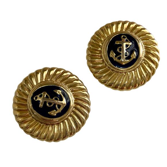 Vintage Nautical Anchor Round Shoe or Purse Clips Round Gold & Navy Blue Enamel - Picture 1 of 7